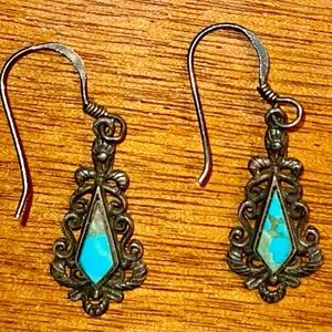 Vintage Boma Sterling 925 Turquoise Southwestern Dangle Hook Ornate Earrings 3G